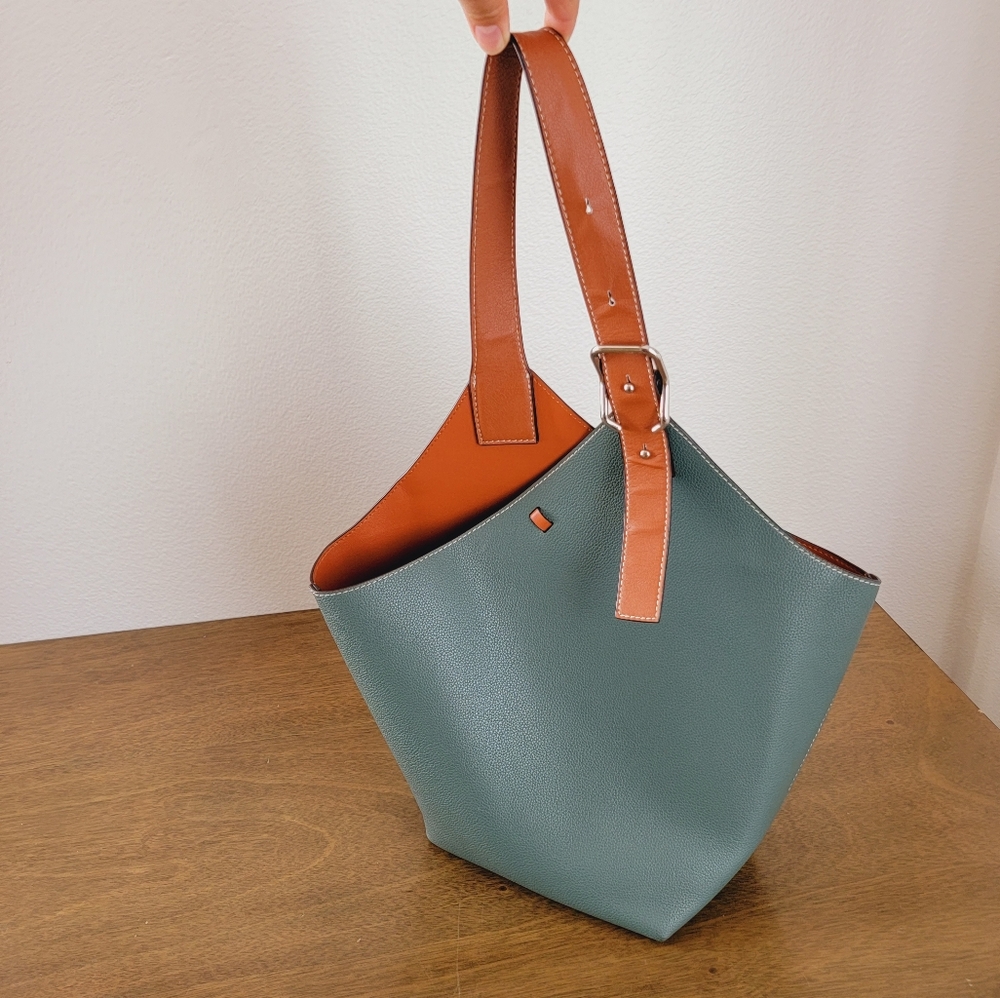 Genuine Leather 2 Tone Sage Green Bucket Bag